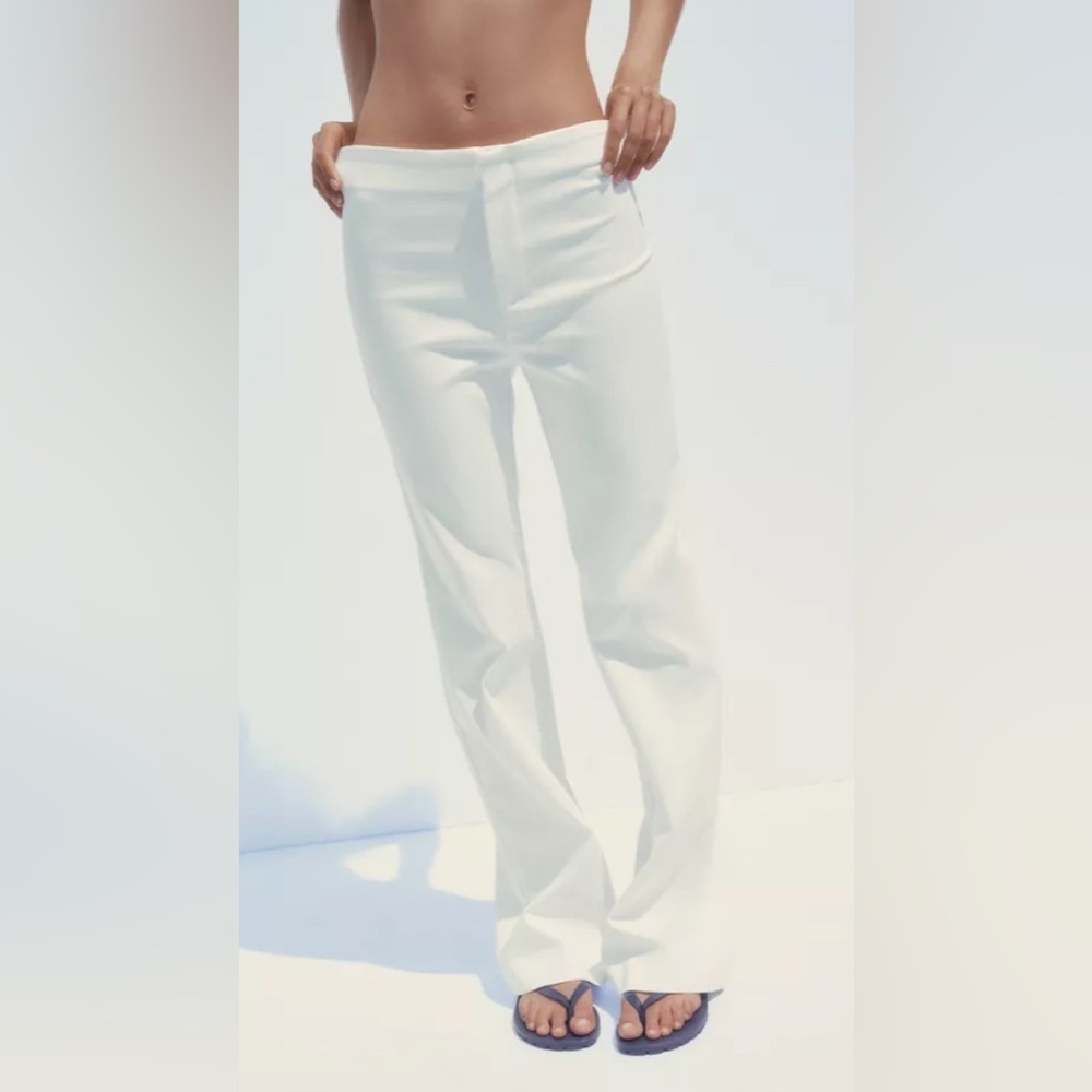 Zara High Rise Slim Flare Trousers White Small | Kick Flare Pants Tailored